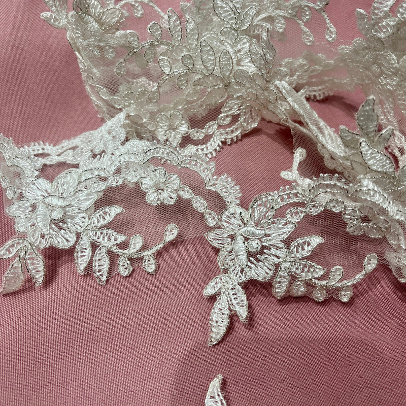 Corded Lace Trimming Embroidered on 100% Polyester Net Mesh | Spandex Palace - 96665W/1