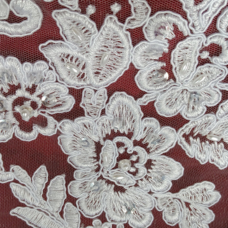 Beaded & Corded Bridal Lace Fabric Embroidered on 100% Polyester Net Mesh | Lace USA - 95409W-BP