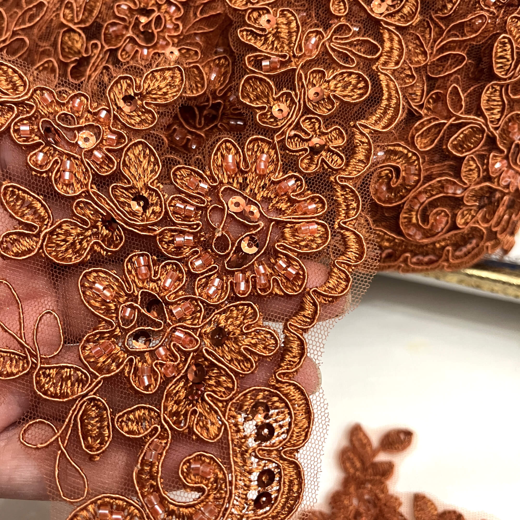 Beaded & Corded Lace Trimming Embroidered on 100% Polyester Net Mesh | Lace USA - 96796W-HB