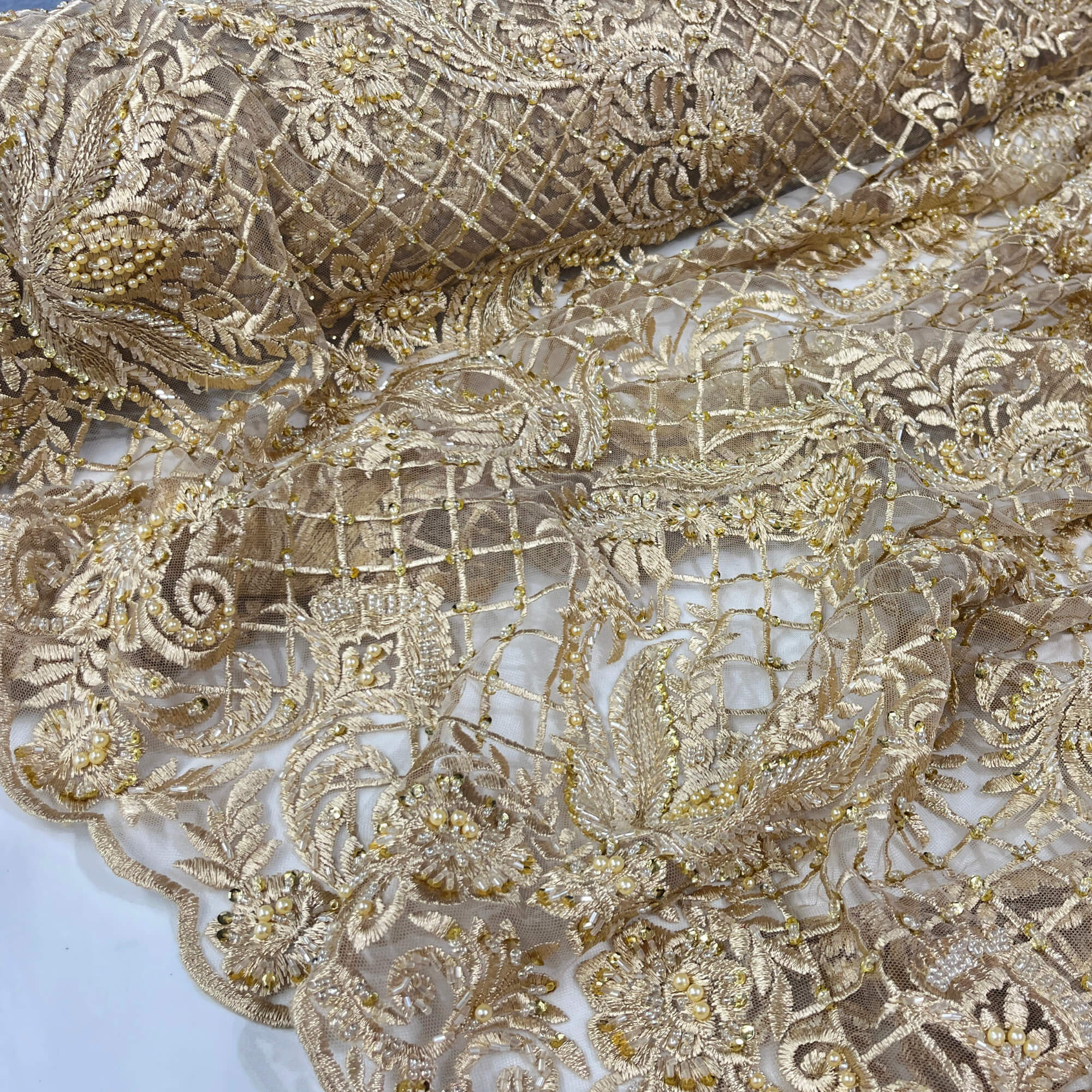Beaded Lace Fabric Embroidered on 100% Polyester Net Mesh | Lace USA - GD-113