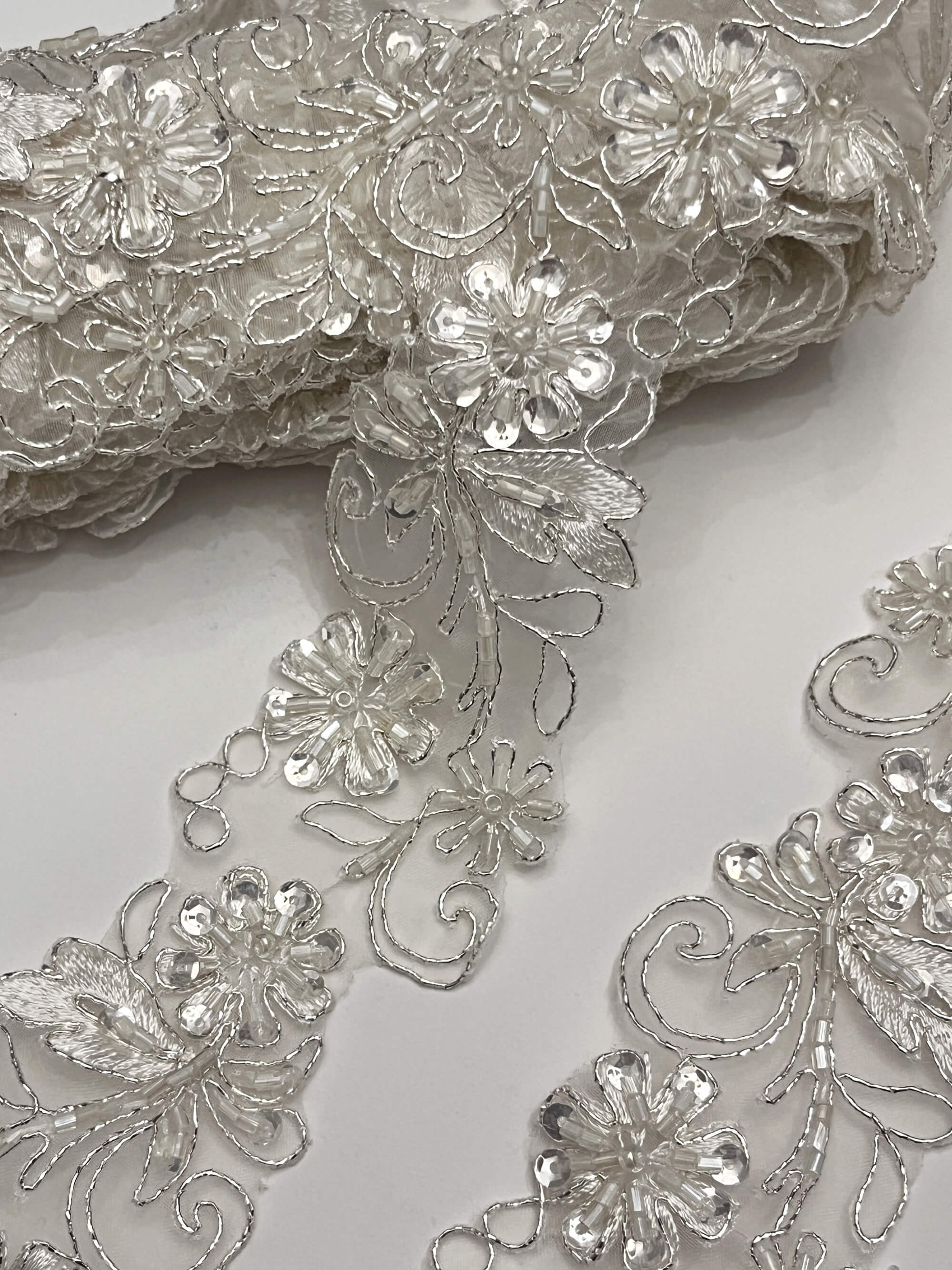 Beaded & Corded Lace Trimming Embroidered on 100% Polyester Net Mesh | Lace USA - 96283W-BP
