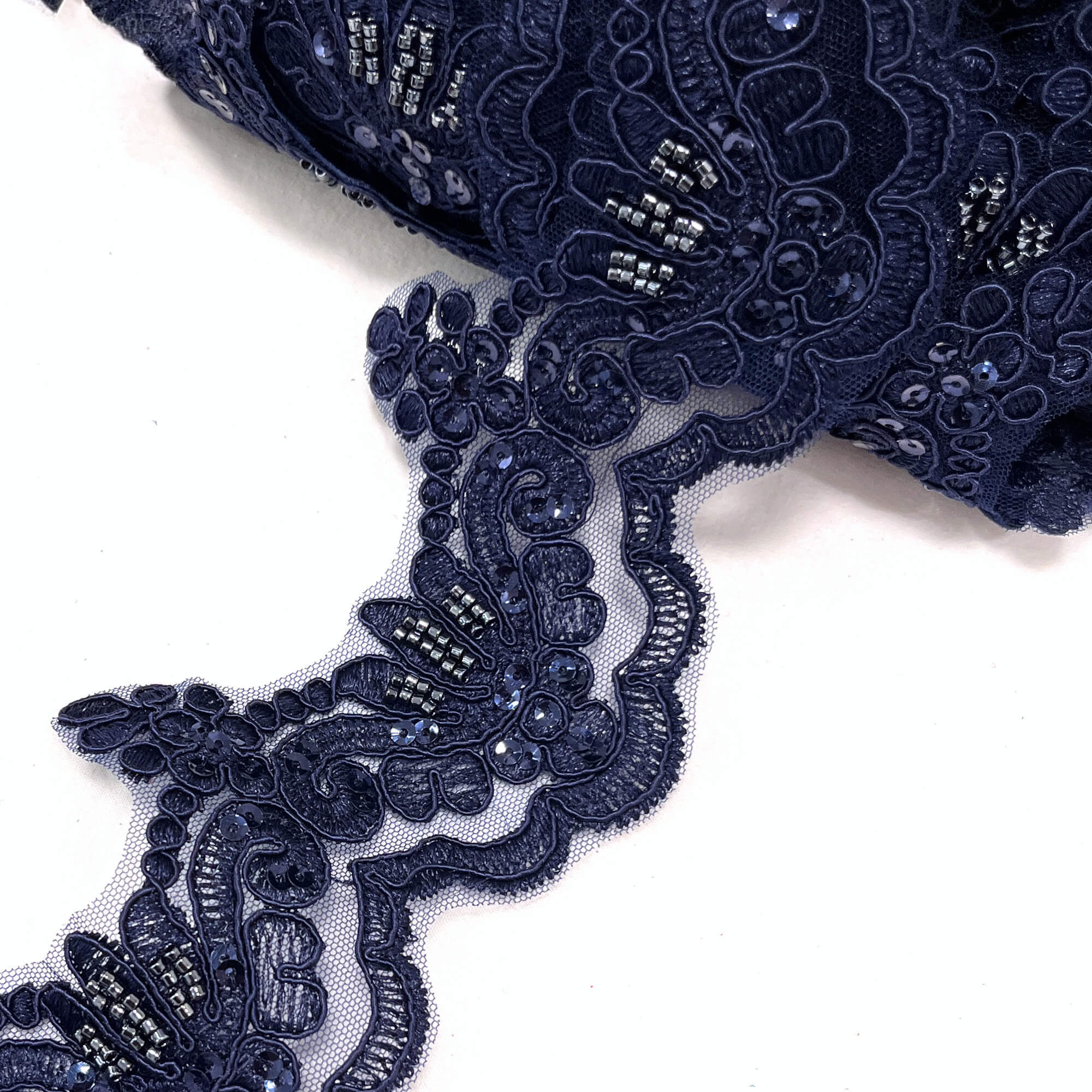 Beaded & Corded Lace Trimming Embroidered on 100% Polyester Net Mesh | Lace USA - KZ-34W-HB