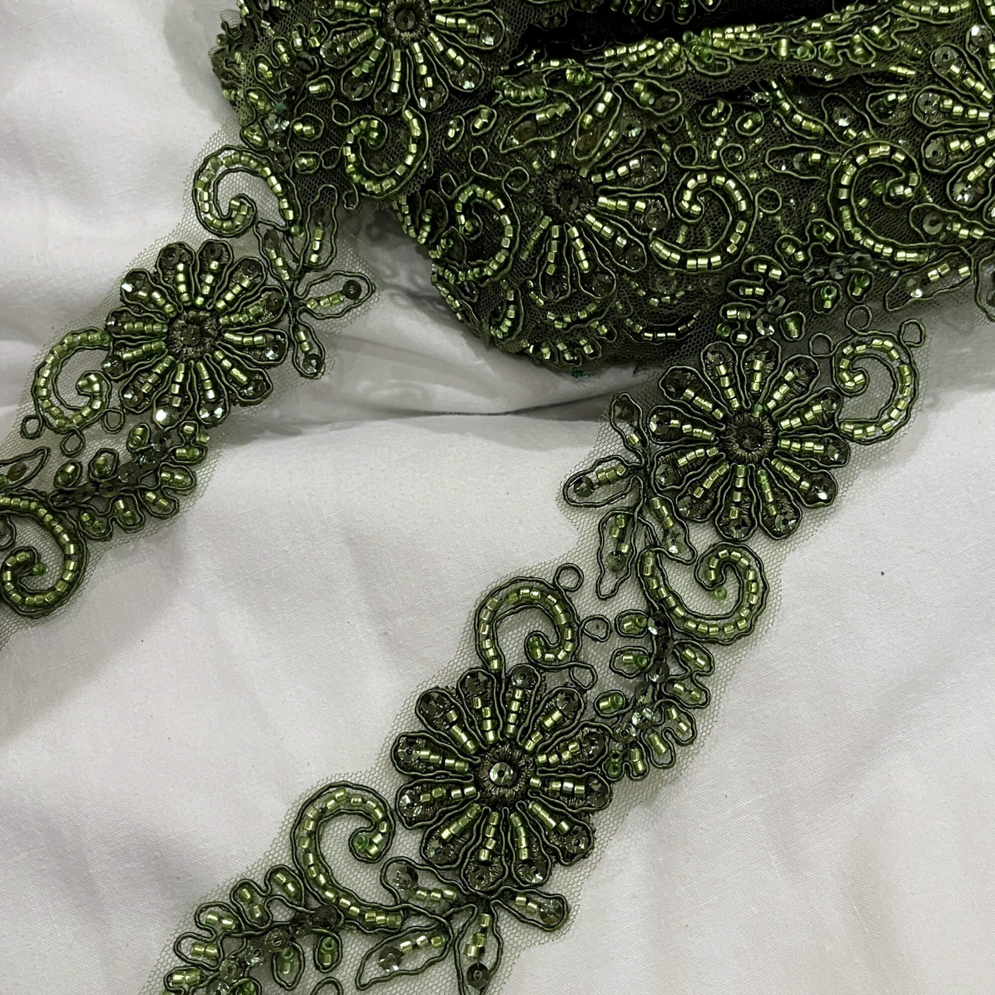 Beaded & Corded Lace Trimming Embroidered on 100% Polyester Net Mesh | Lace USA - 96275W-BP
