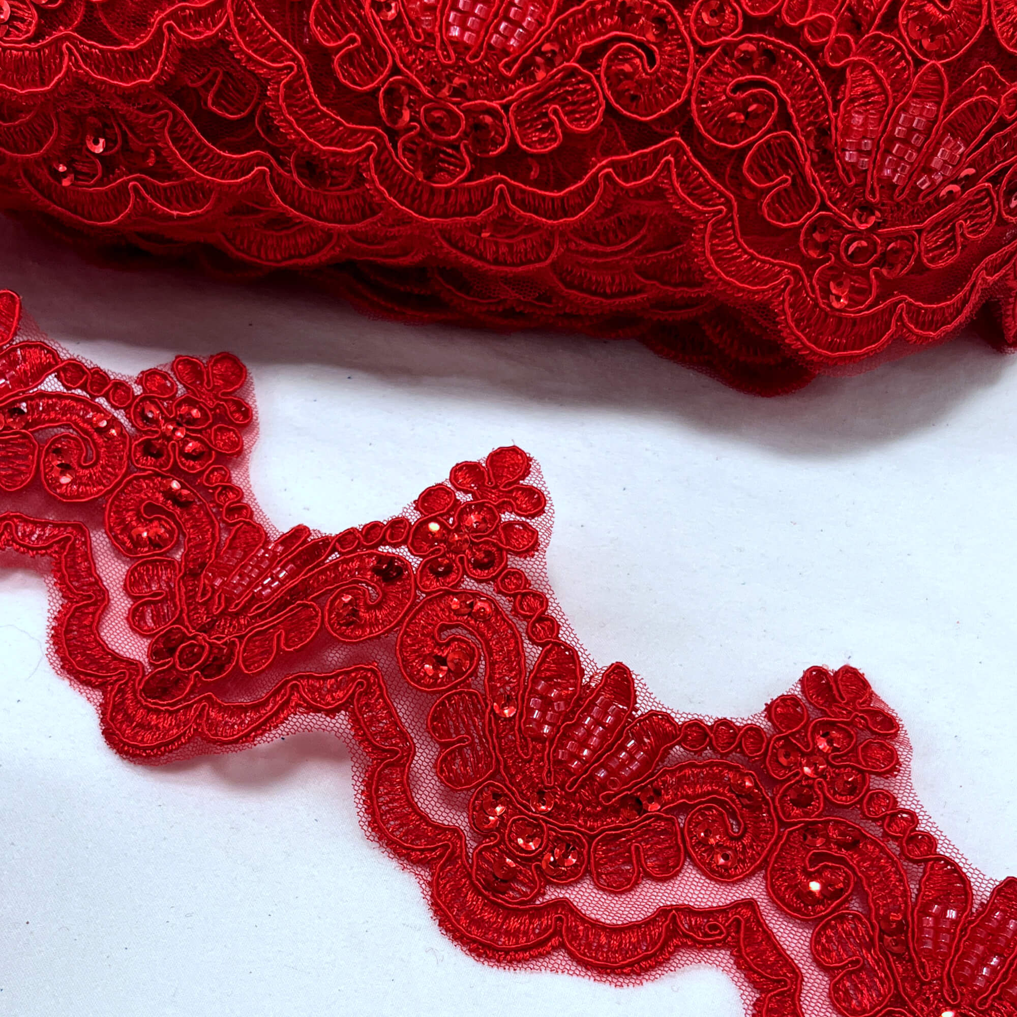 Beaded & Corded Lace Trimming Embroidered on 100% Polyester Net Mesh | Lace USA - KZ-34W-HB