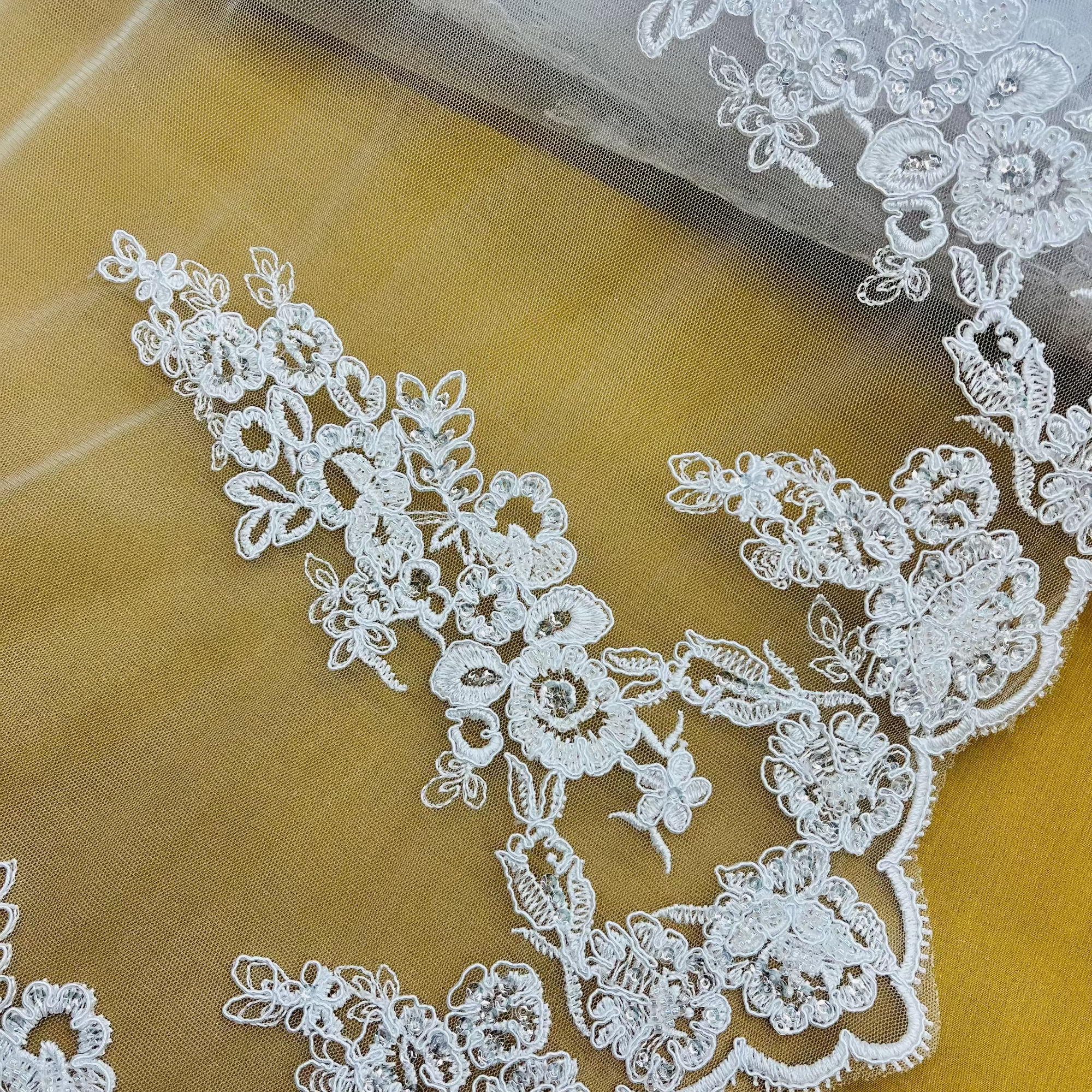 Beaded & Corded Floral Bridal Lace Fabric with Scalloped Border on Net Mesh | Lace USA - 91443W-HB