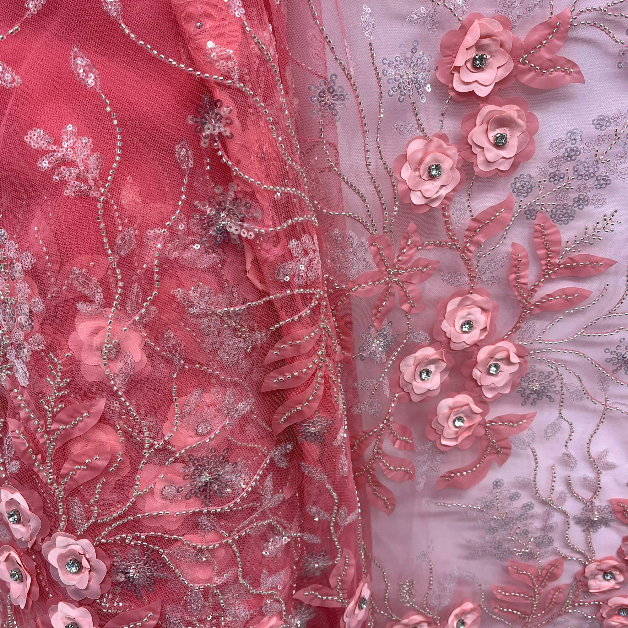 Beaded, Sequined 3D Floral Lace Fabric Embroidered Mesh for Dresses Beaded, Sequined 3D Floral Lace Fabric Embroidered Mesh for Dresses
