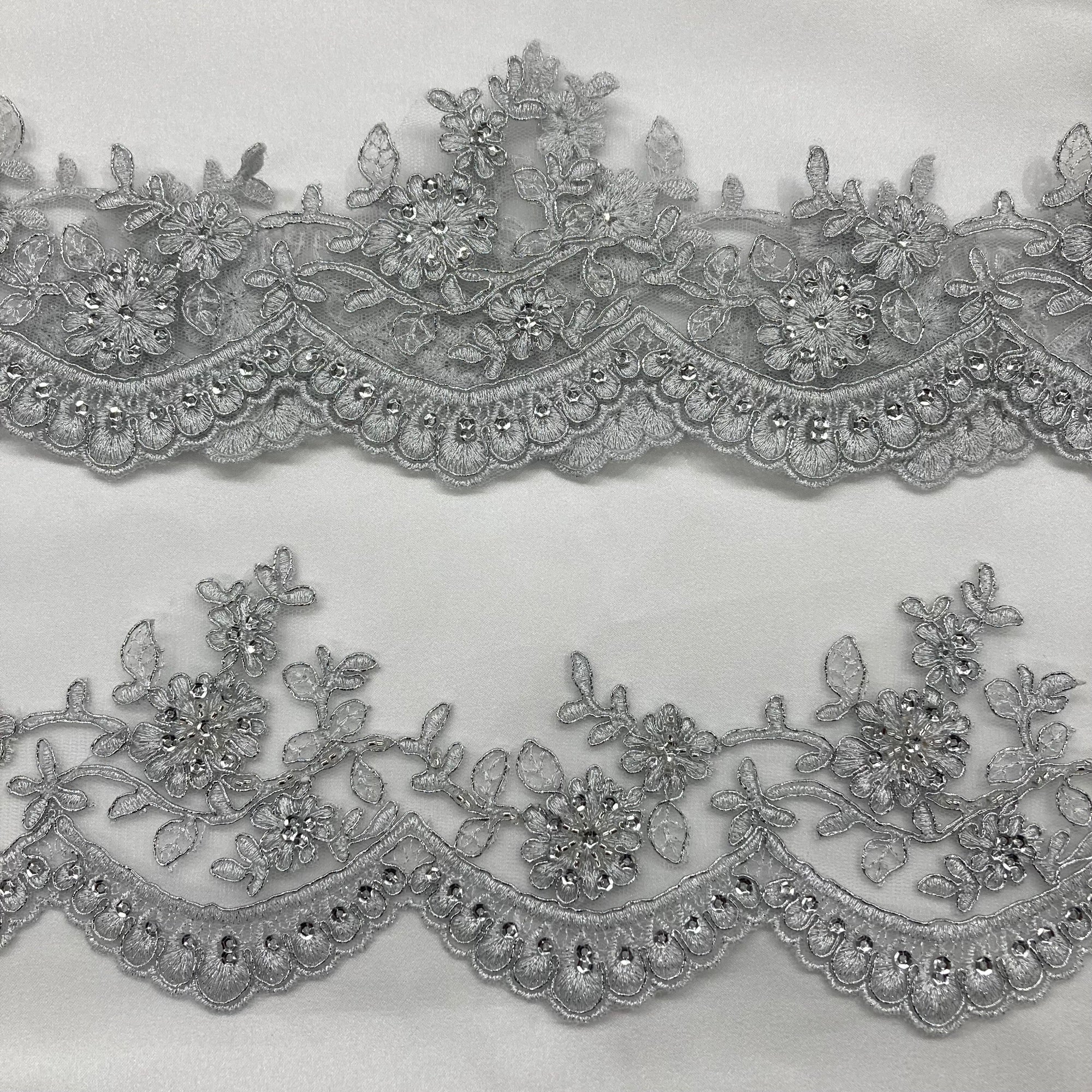 Beaded & Corded Floral scalloped Bridal Lace Trimming  | Lace USA - 96215W-BP