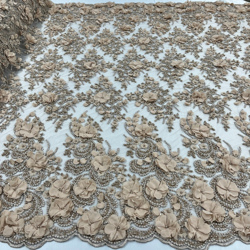 Beaded 3D Floral Lace Fabric Embroidered on 100% Polyester Net Mesh 
| Lace USA - GD-362