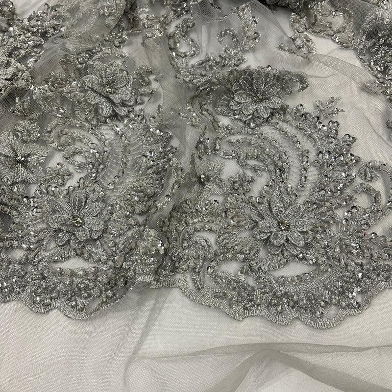 Beaded 3D Floral Lace Fabric Embroidered on 100% Polyester Net Mesh | Spandex Palace- GD-2302