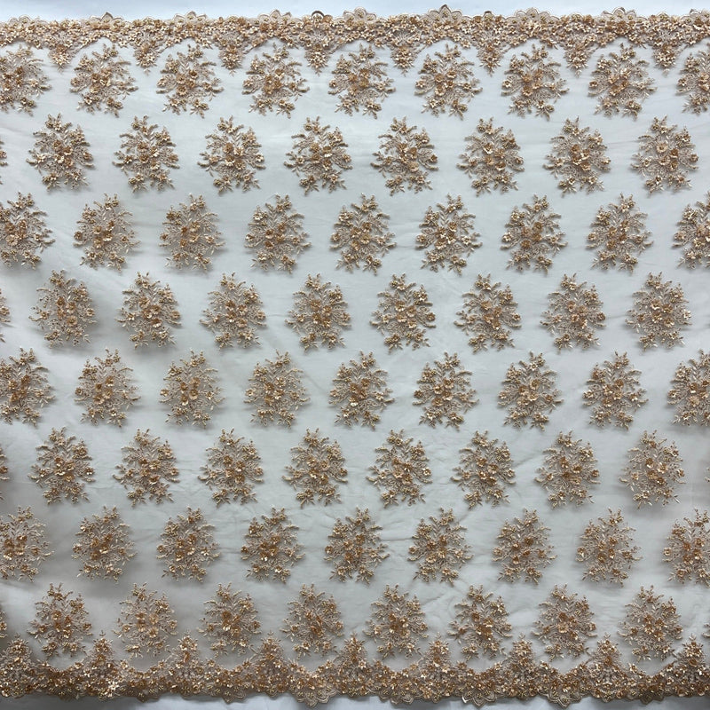 Beaded 3D Floral Lace Fabric Embroidered on 100% Polyester Net Mesh | Lace USA - GD-361