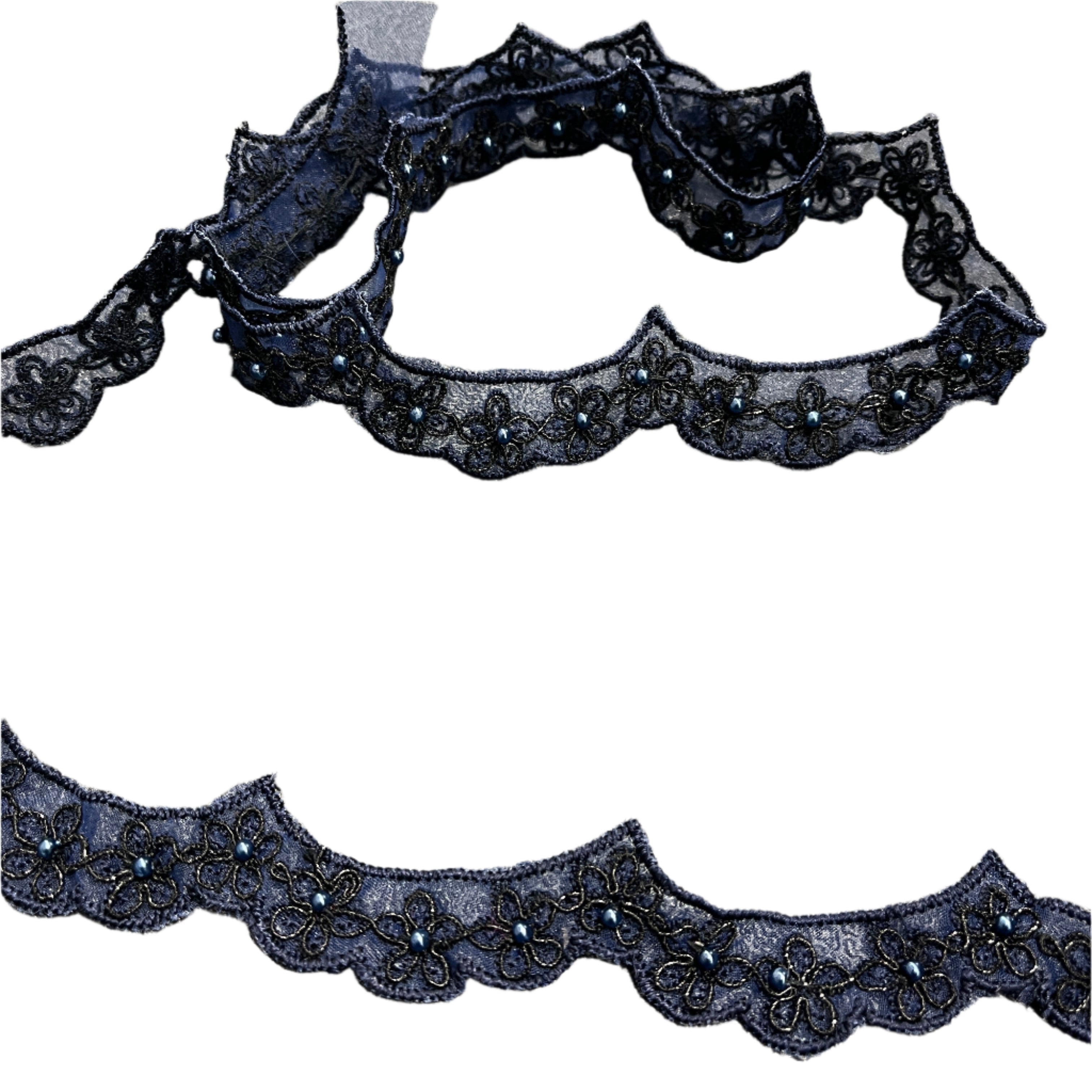 Beaded & Corded Lace Trimming Embroidered on 100% Polyester Net Mesh | Spandex Palace- 96758N-BP