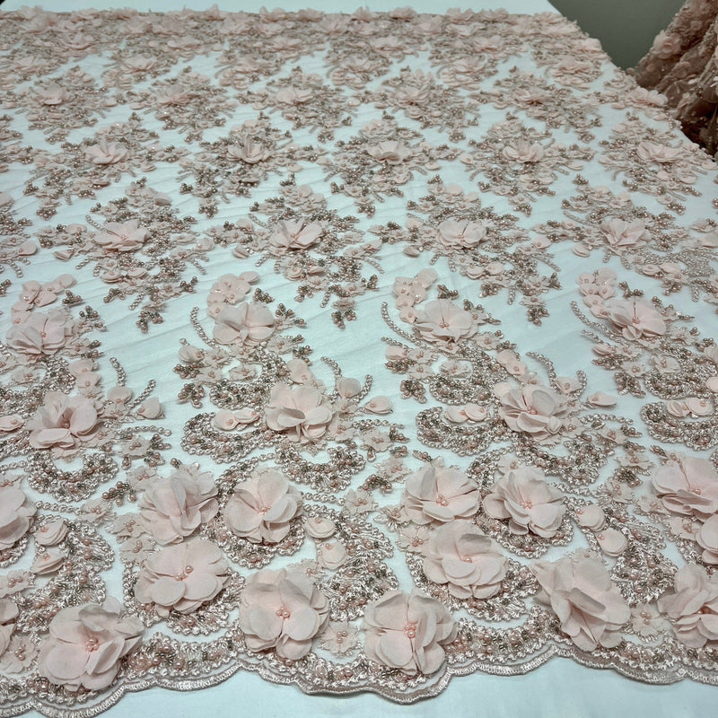 Beaded 3D Floral Lace Fabric Embroidered on 100% Polyester Net Mesh 
| Lace USA - GD-362