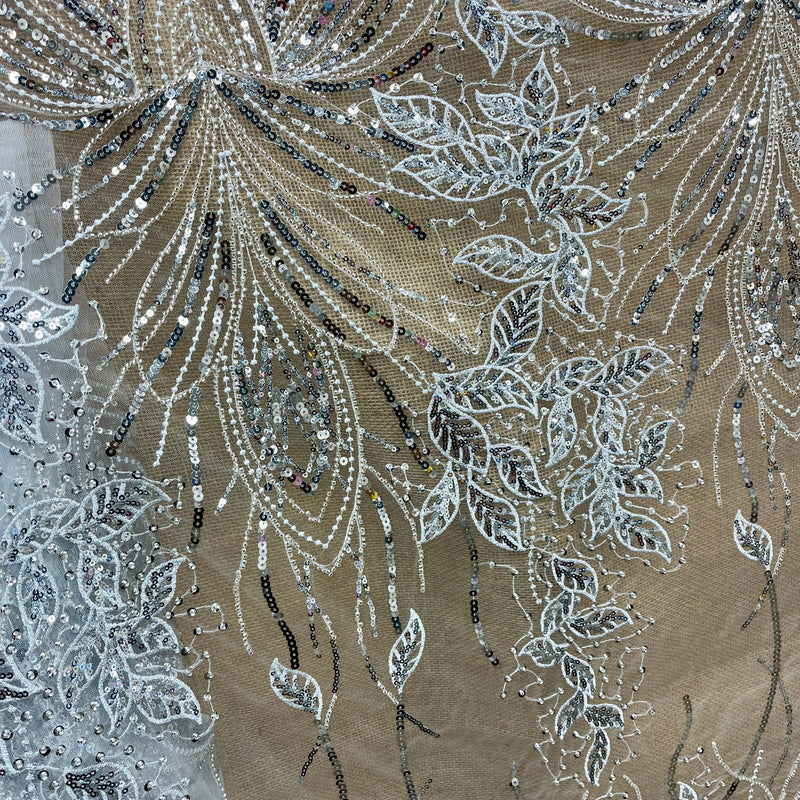 Beaded & Sequined Lace Fabric Embroidered on 100% Polyester Net Mesh | Spandex Palace - GD-2918