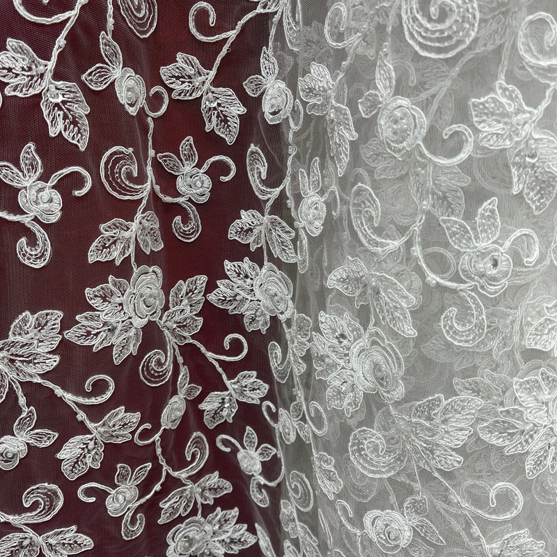 Beaded & Corded Bridal Lace Fabric Embroidered on 100% Polyester Net Mesh | Spandex Palace- 95042W-BP