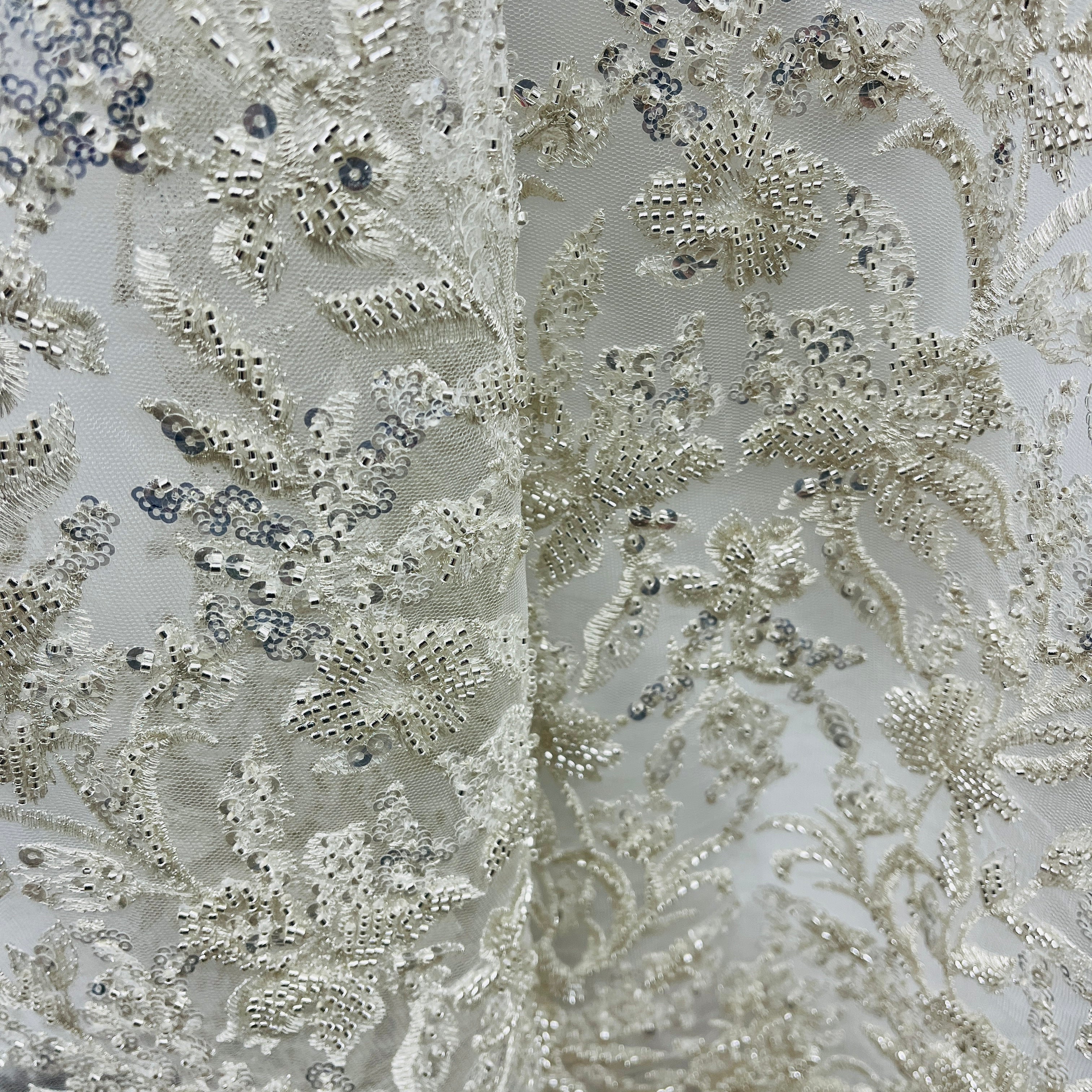 Beaded Lace Fabric Embroidered on 100% Polyester Net Mesh | Spandex Palace