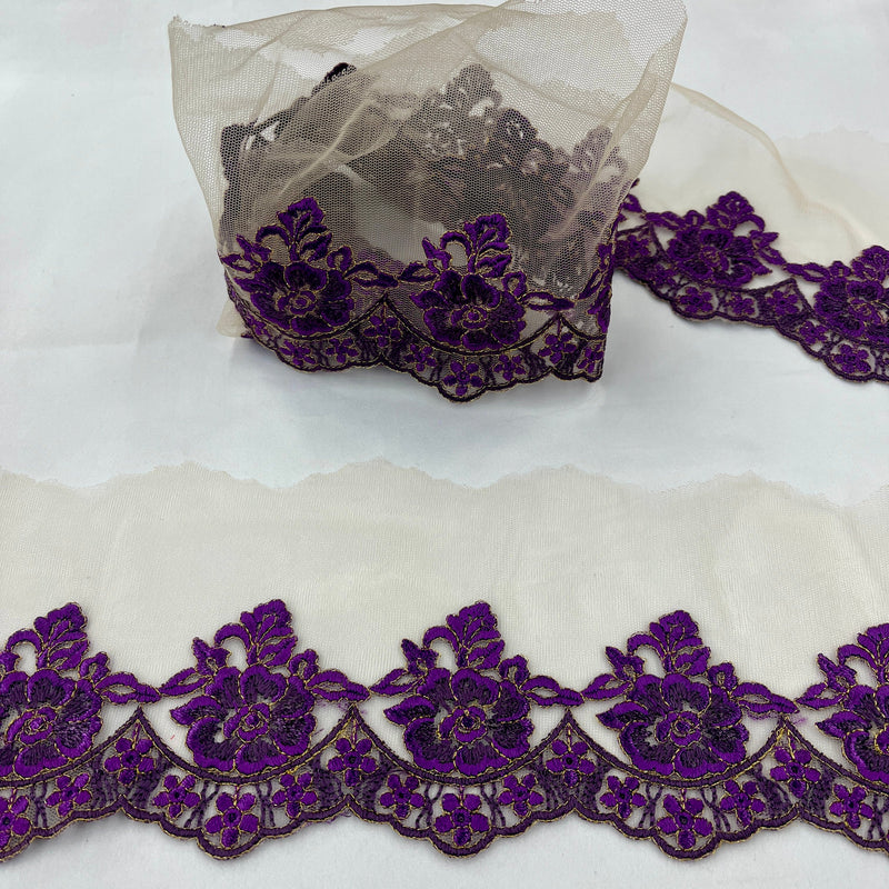 Colorful Floral Lace Trimming Embroidered on 100% Polyester Net Mesh | Spandex Palace- 21902W