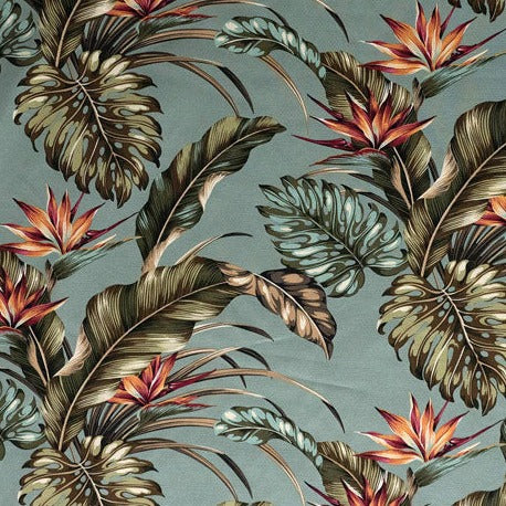 Monstera Banana Leaves Birds of Paradise Fabric | Heavy Barkcloth l Spandex Palace