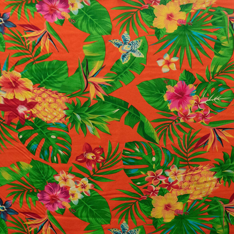 Pineapple/Tropical Flowers & Leaves Fabric | Cotton | Spandex Palace