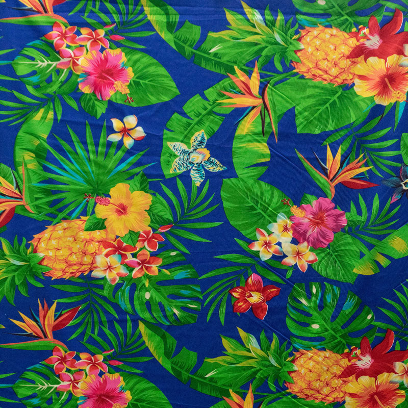 Pineapple/Tropical Flowers & Leaves Fabric | Cotton | Spandex Palace