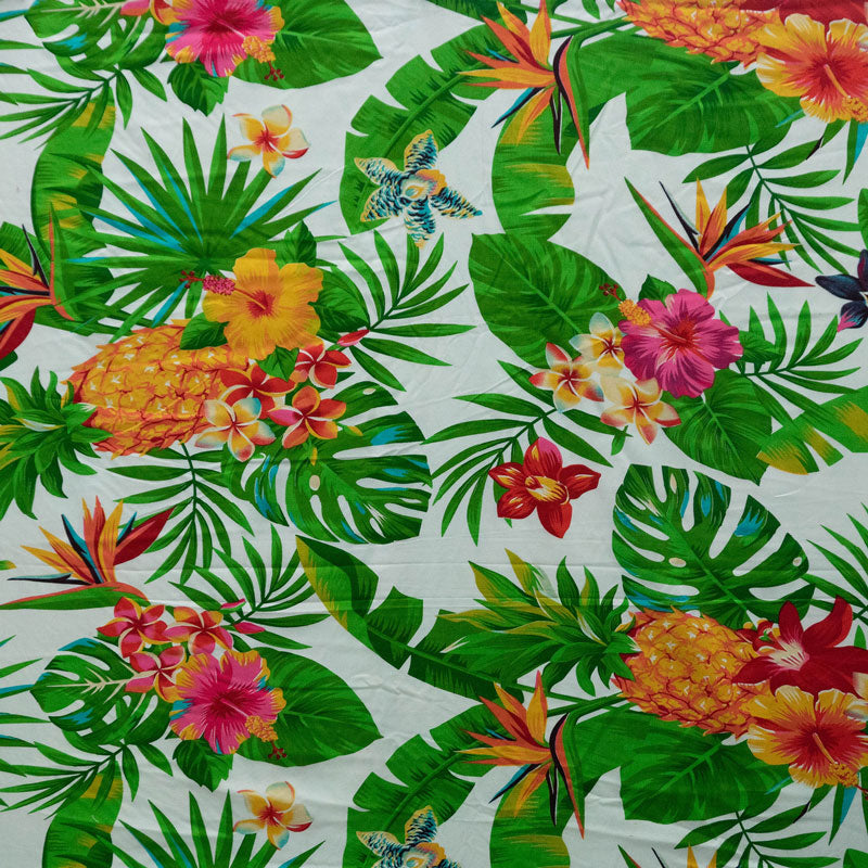 Pineapple/Tropical Flowers & Leaves Fabric | Cotton | Spandex Palace