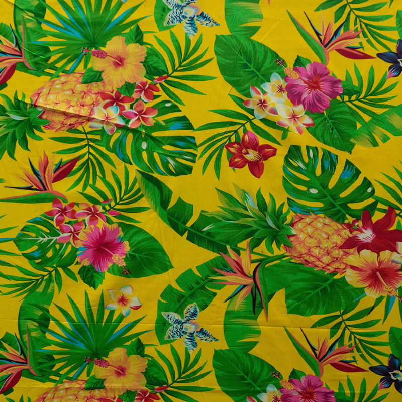 Pineapple/Tropical Flowers & Leaves Fabric | Cotton | Spandex Palace