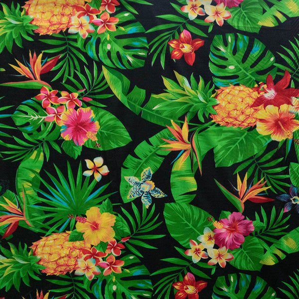 Pineapple/Tropical Flowers & Leaves Fabric | Cotton | Spandex  Palace