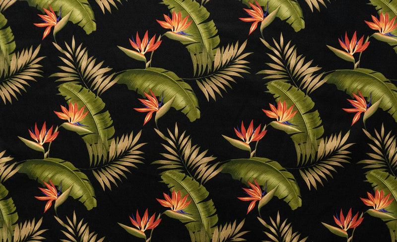 Plumeria & Palm Leaf with Bird Paradise Seeds Fabric | Upholstery  | Spandex Palace