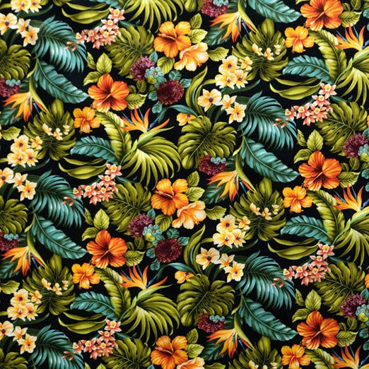 All Over Tropical Flowers & Leaves Fabric | Cotton