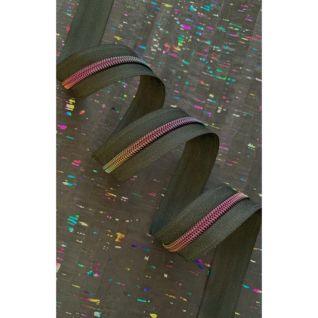 Black Zipper Tape w/ Rainbow Teeth, 3-yds