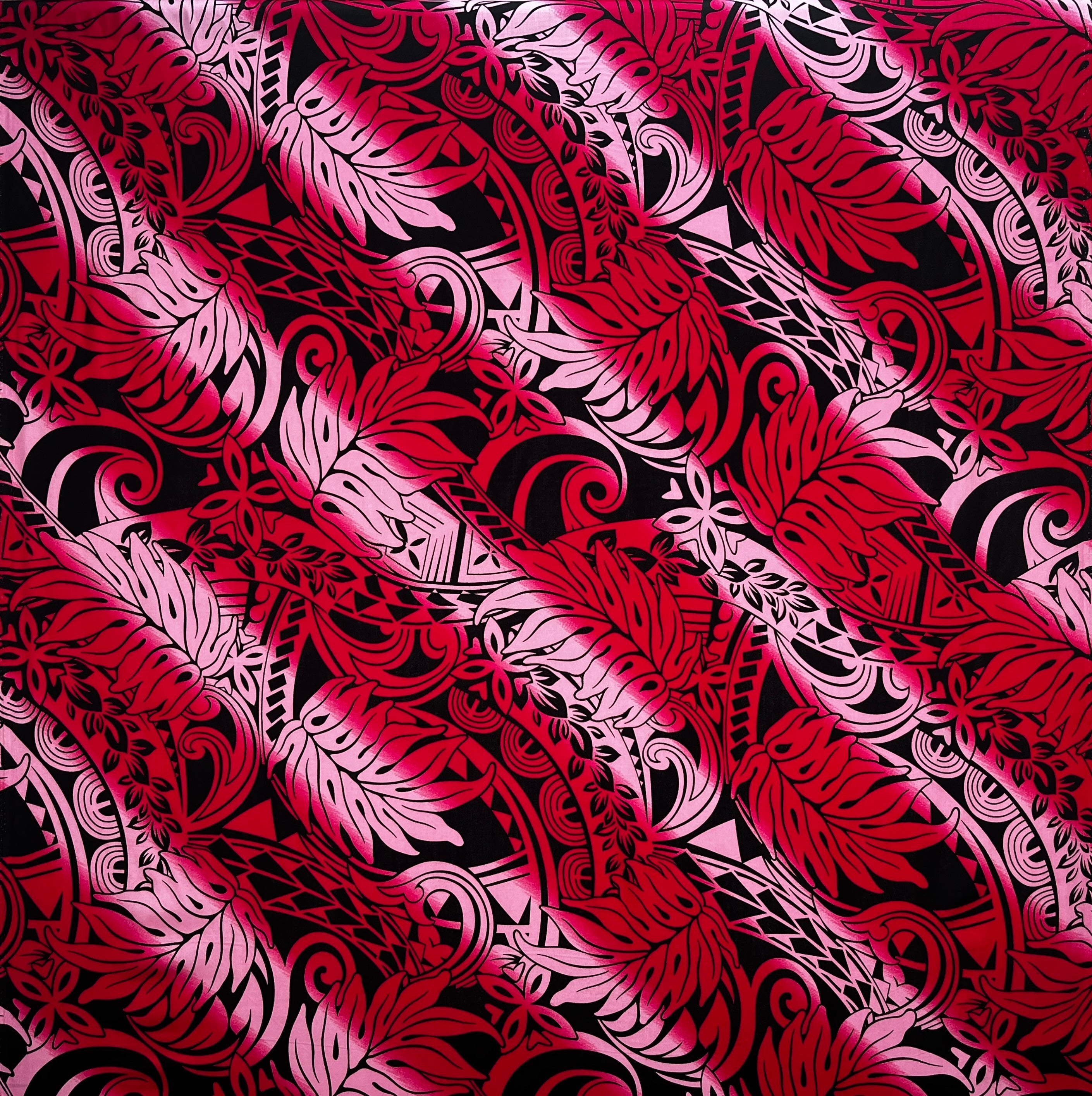 Diagonal Traditional Tattoo Gradient design with Tropical Leaves Rayon Poplin Fabric | Islands Fabric