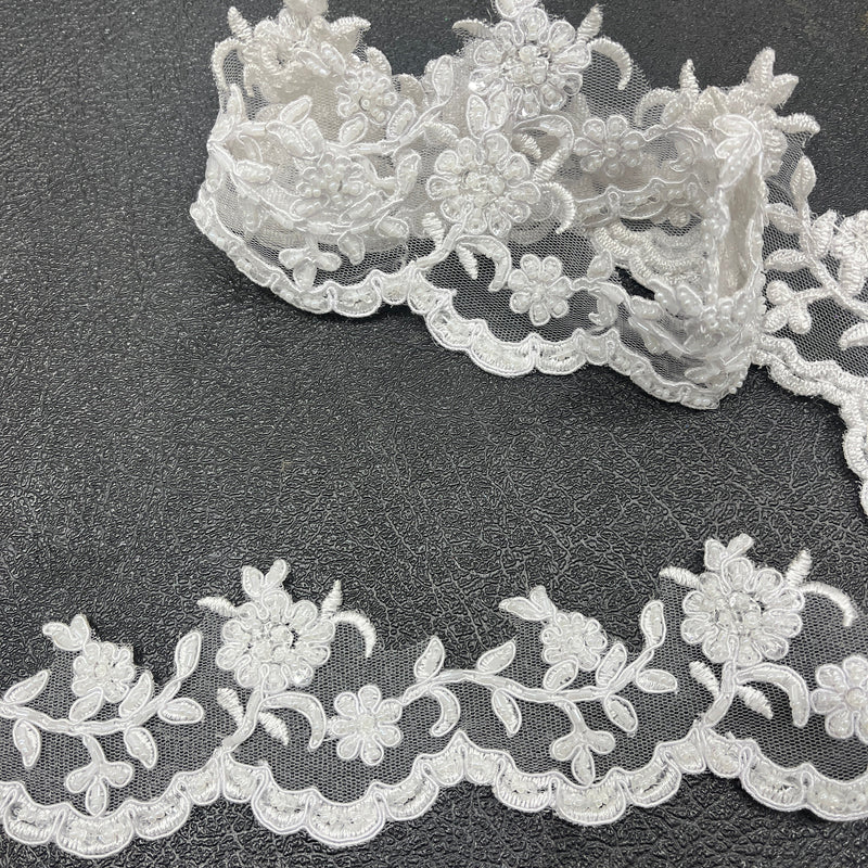 Beaded & Corded Lace Trimming Embroidered on 100% Polyester | Lace USA - 95913W-HB