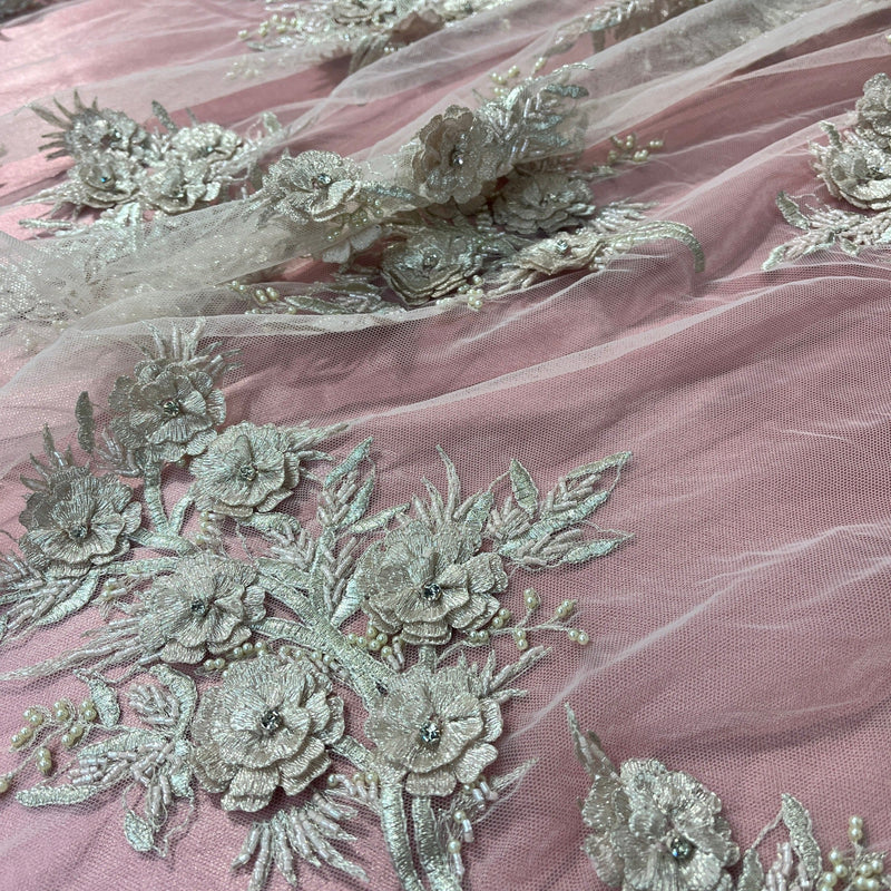 Beaded 3D Floral Lace Fabric Embroidered on 100% Polyester Net Mesh | Spandex Palace - GD-265