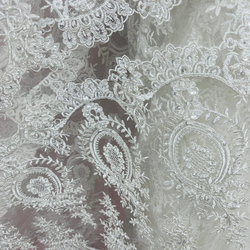 Beaded & Corded Lace Fabric Embroidered on 100% Polyester Net Mesh | Lace USA - 97055W-BPB