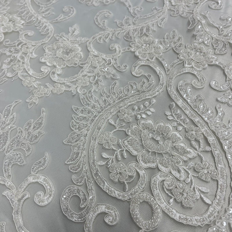 Beaded & Corded Bridal Lace Fabric Embroidered on 100% Polyester Net Mesh | Spandex Palace - GD-55719