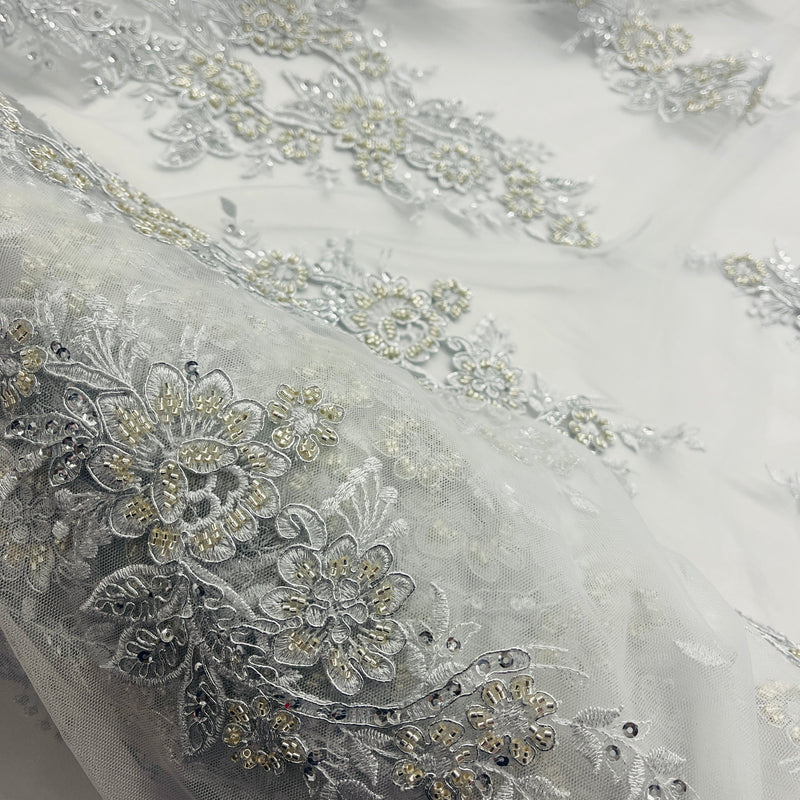 Beaded & Corded Bridal Lace Fabric Embroidered on 100% Polyester Net Mesh | Lace USA - GD-55619