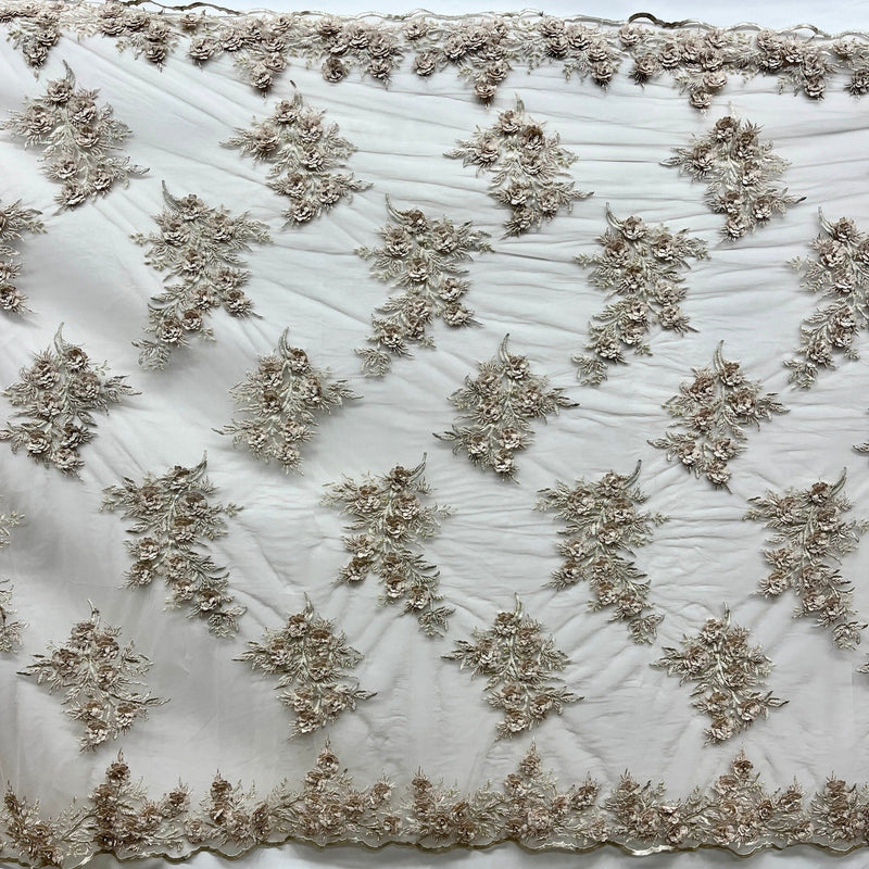 Beaded 3D Floral Lace Fabric Embroidered on 100% Polyester Net Mesh | Spandex Palace - GD-265