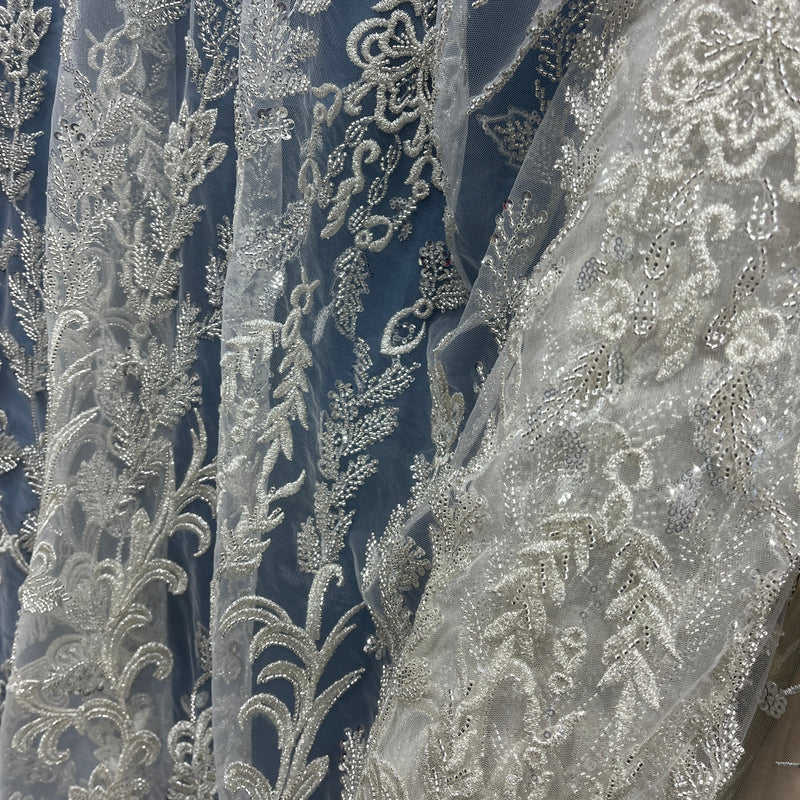 Beaded Lace Fabric Embroidered on 100% Polyester Net Mesh | Spandex Palace- GD-237303