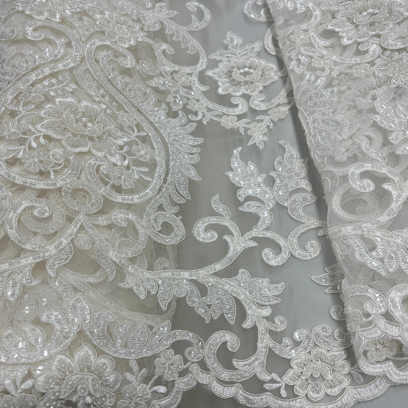 Beaded & Corded Bridal Lace Fabric Embroidered on 100% Polyester Net Mesh | Spandex Palace - GD-55719