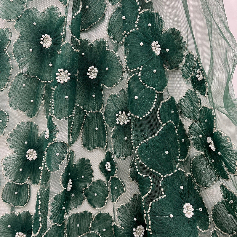 Beaded 3D Floral Lace Fabric Embroidered on 100% Polyester Net Mesh | Spandex Palace - GD-216