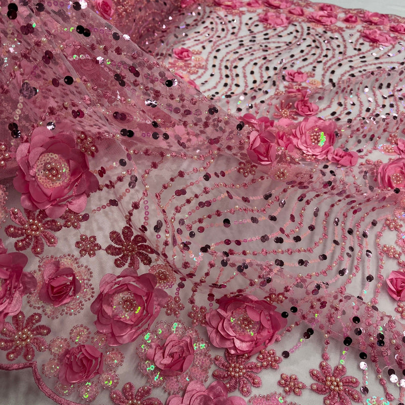 Beaded and Sequined 3D Floral Sparkling Lace Fabric Embroidered on 100% Polyester Net Mesh | Spandex Palace- GD-2212