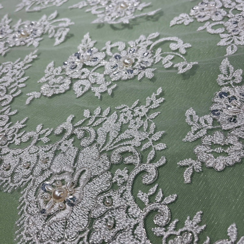 Beaded Lace Fabric Embroidered on 100% Polyester Net Mesh | Lace USA - 96682W-BP