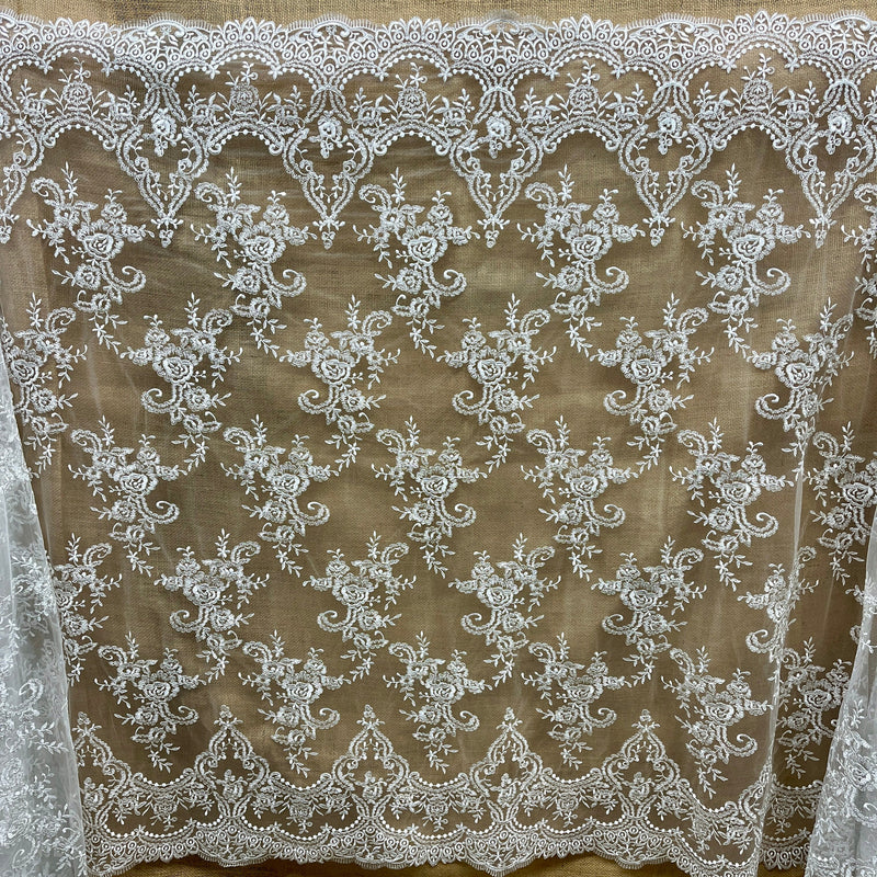 Corded Bridal Lace Fabric Embroidered on 100% Polyester Net Mesh | Spandex Palace