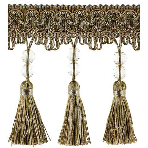 Fascination Collection - 4 1/2" width BEADED TASSEL FRINGE (25 Yard Roll) - BF-1458-36/81 Copper and Olive Green