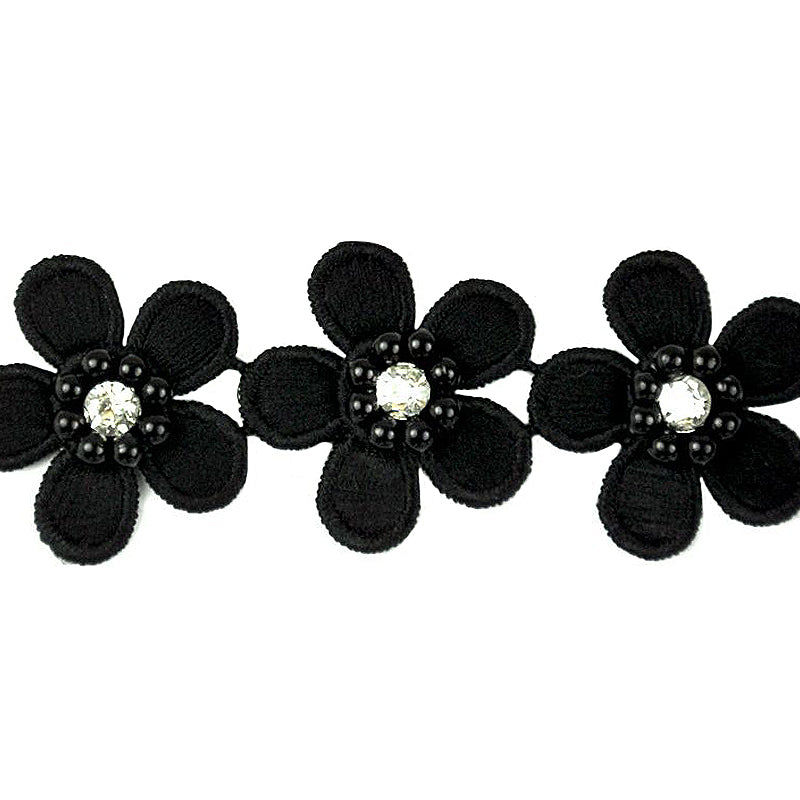 Flower Trim with Pearl Rhinestone - 1 1/2" Width (15 Yard Roll) - BFT-1200-02 Black