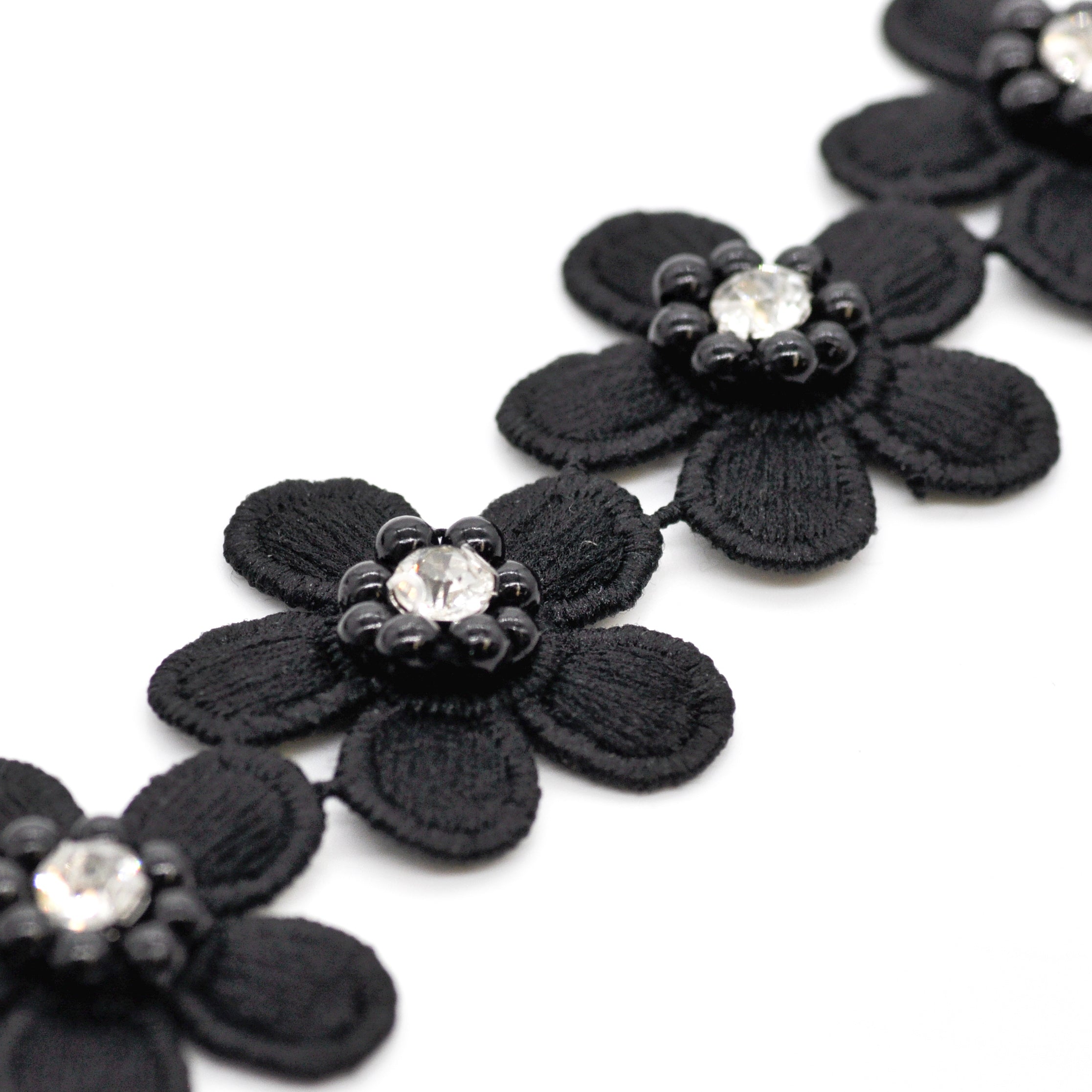 Flower Trim with Pearl Rhinestone - 1 1/2" Width (15 Yard Roll) - BFT-1200-02 Black