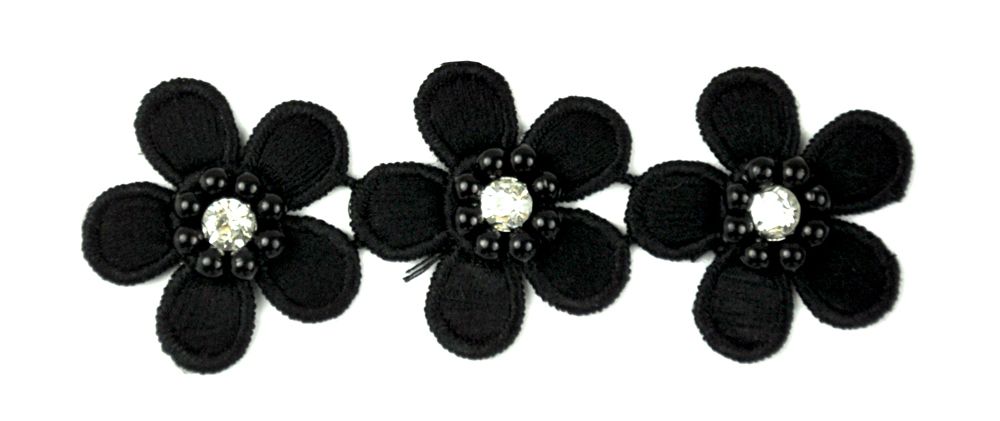 Flower Trim with Pearl Rhinestone - 1 1/2" Width (15 Yard Roll) - BFT-1200-02 Black