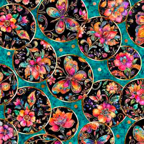 Fluttering Gardens Butterfly Medallion Turquoise Cotton 44"/45" Fabric Per Yard