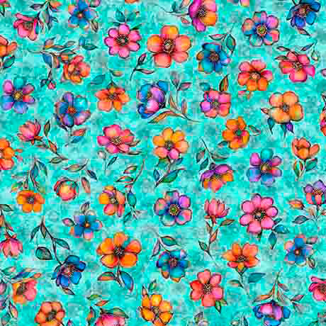 Fluttering Gardens Small Floral Turquoise Cotton 44"/45" Fabric Per Yard