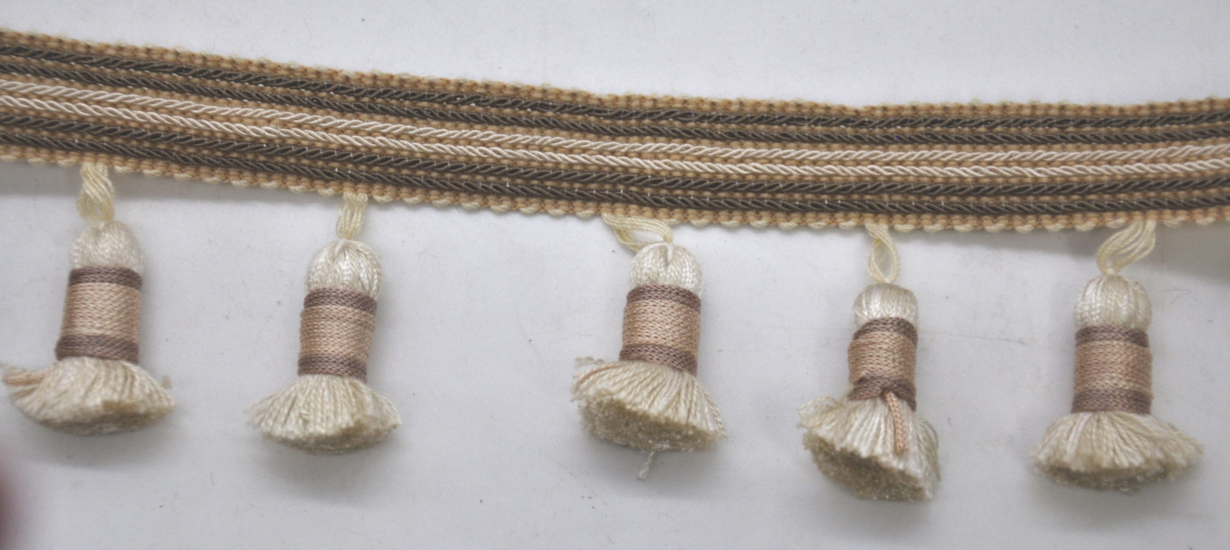 Godiva Collection - 2 1/2" length SMALL TASSEL FRINGE (25 Yard Roll) - BF-4099-28/66 Beige and Chocolate