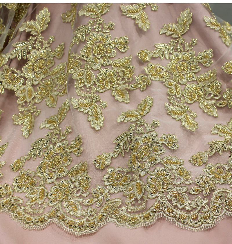 Beaded & Corded Bridal Lace Fabric Embroidered on 100% Polyester Net Mesh | Lace USA - 95409W-HB